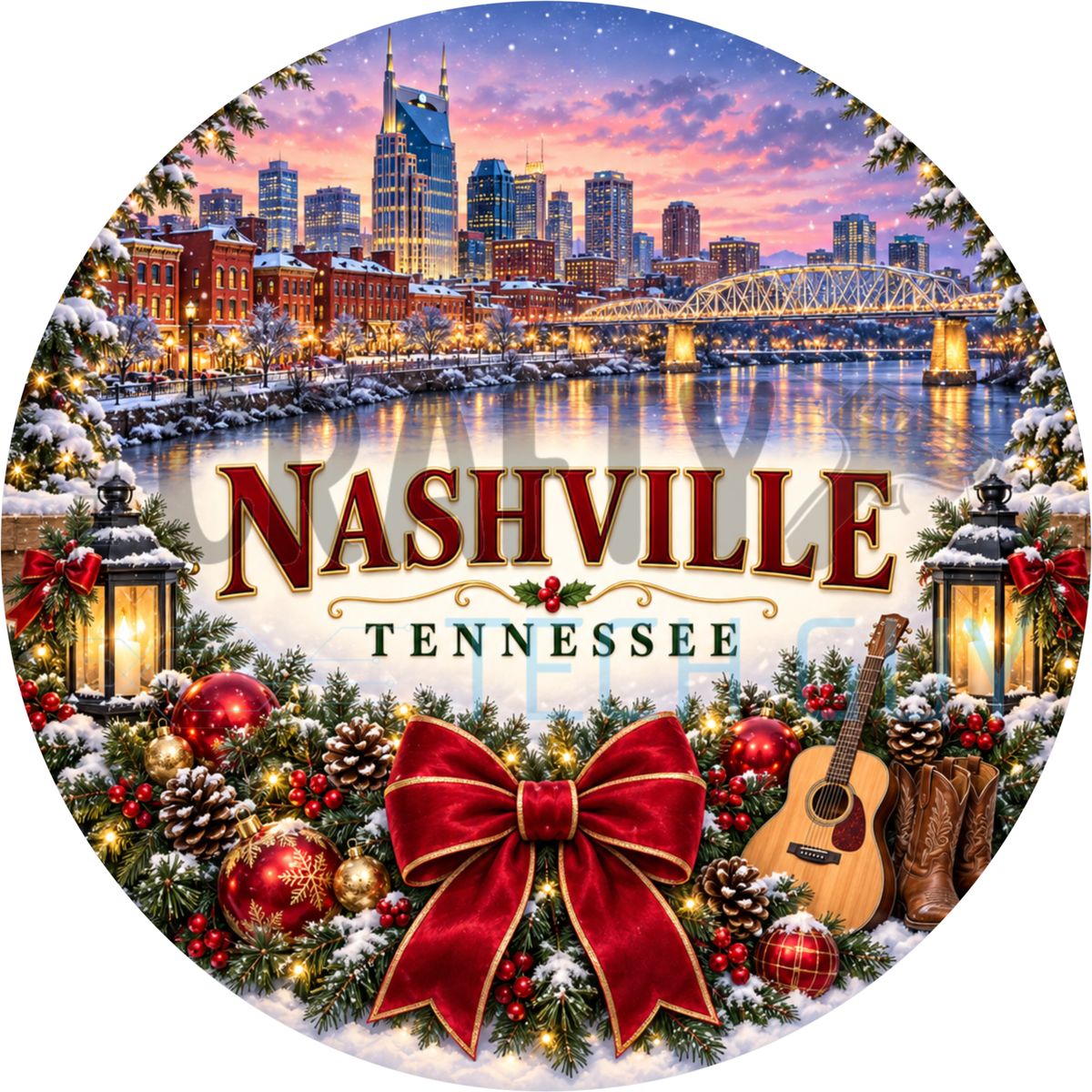 Round Christmas Nashville Tennessee name wreath sign with a snowy skyline, red velvet bow, lanterns and a guitar in garland