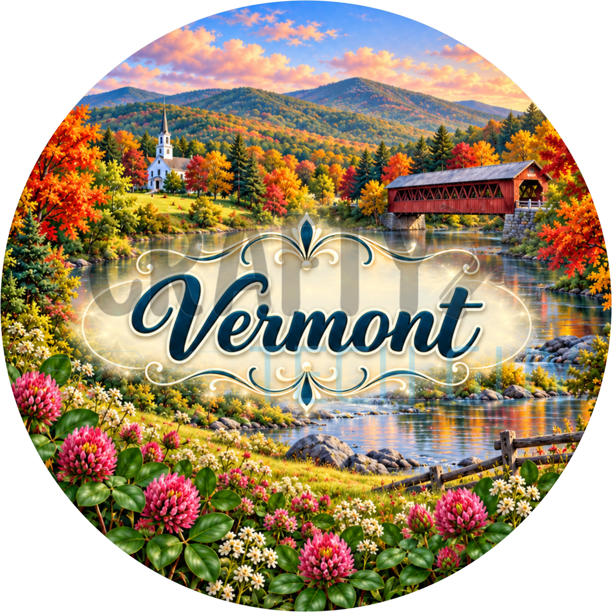 Round Vermont state wreath sign with navy script lettering over a red covered bridge, a white church, fall foliage and red clover