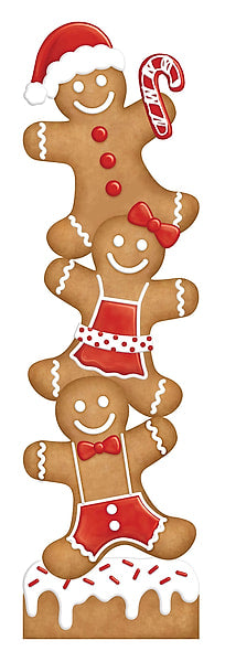 70 Inch Tall Gingerbread Stack Christmas Porch Sign with Three Stacked Gingerbread Men in Brown Red and White Icing