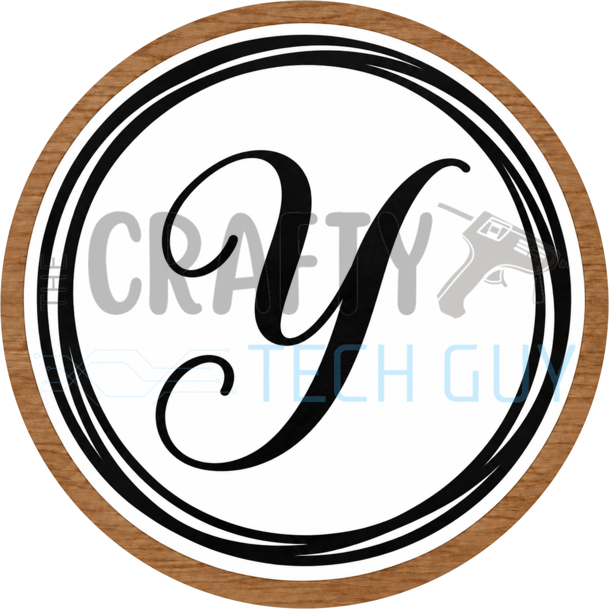 Round monogram wreath sign with a black script calligraphy letter Y on white, circled by black swirl lines and a wood grain border