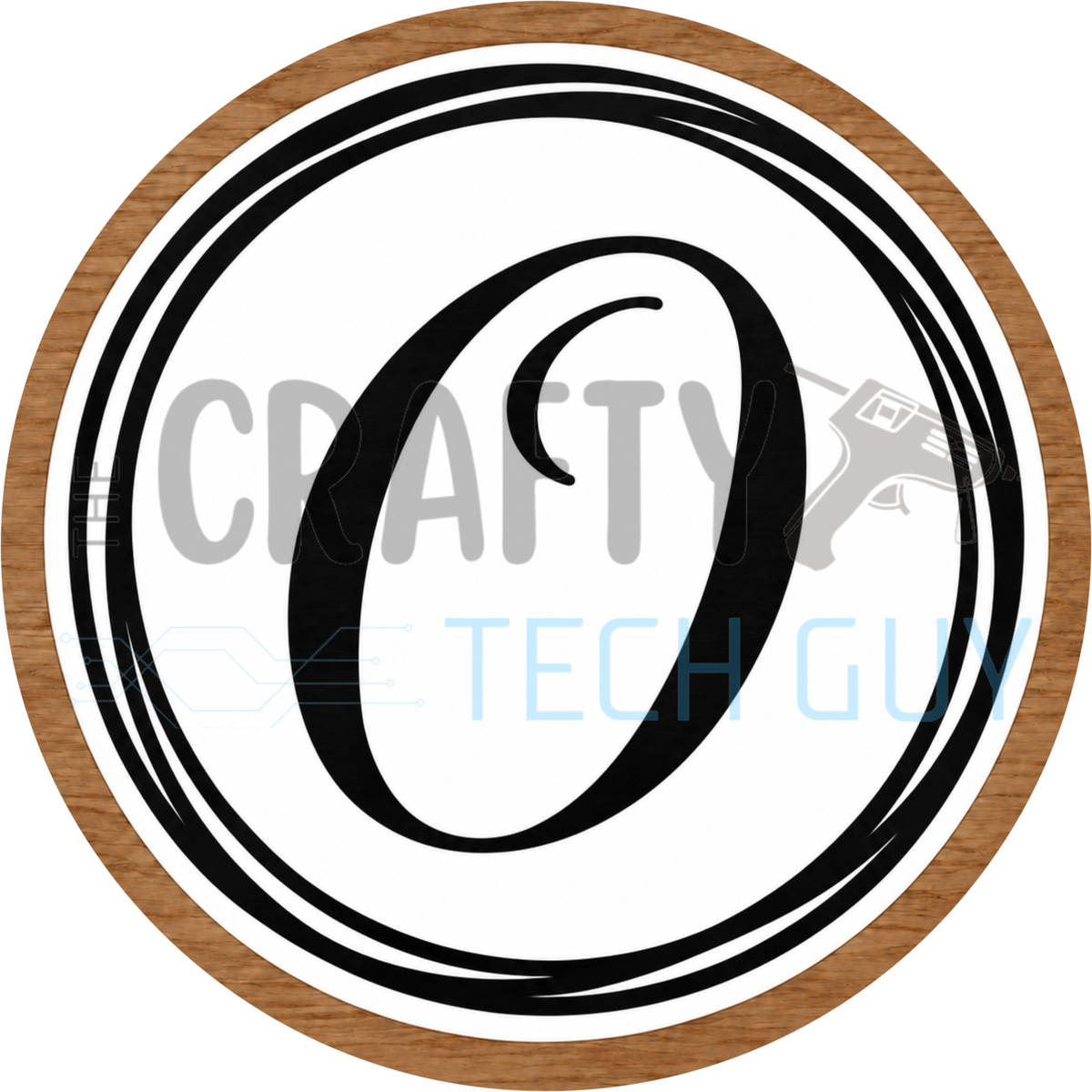 Round monogram wreath sign with a black script calligraphy letter O on white, circled by black swirl lines and a wood grain border
