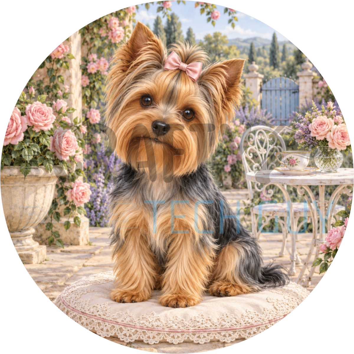 Round dog wreath sign of a Yorkshire Terrier with a pink bow sitting on a cushion in a pastel rose garden with a white bistro set