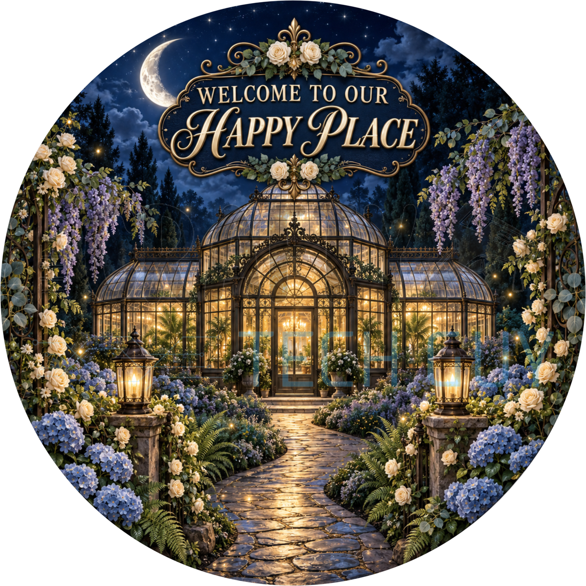 Round welcome wreath sign reading Welcome To Our Happy Place above a glowing greenhouse at night with lanterns and blue hydrangeas