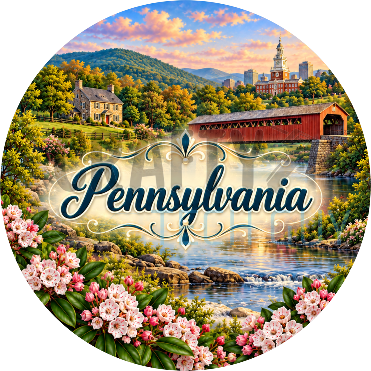 Round Pennsylvania state wreath sign with navy script lettering over a red covered bridge, a stone farmhouse, a creek and pink mountain laurel