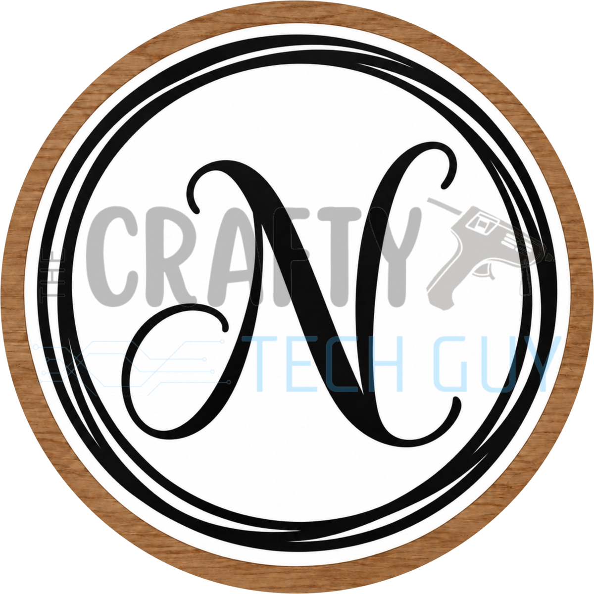 Round monogram wreath sign with a black script calligraphy letter N on white, circled by black swirl lines and a wood grain border