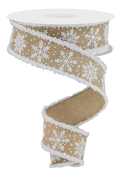 1.5 Inch 10 Yard White Snowflake Print Wired Winter Ribbon on Tan Burlap with White Chenille Snow Drift Edge