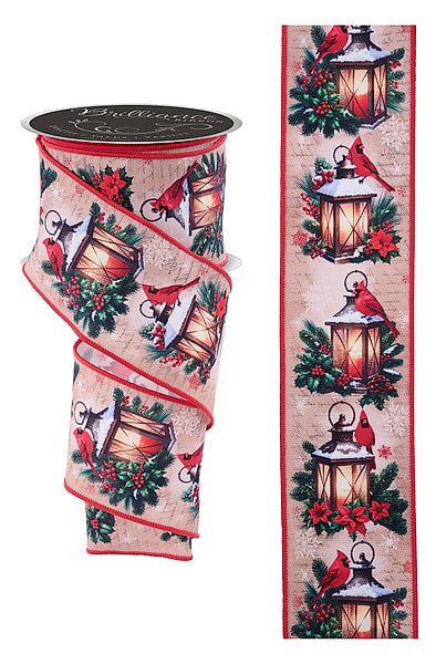 2.5 Inch 10 Yard Red Cardinal and Glowing Lantern Print Wired Christmas Ribbon on Antique Cream with Red Wired Edge