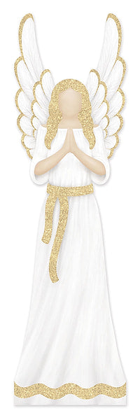 70 Inch Tall Glitter Angel Porch Sign with Faceless Praying Angel White Gown and Gold Glitter Wings Hair and Sash