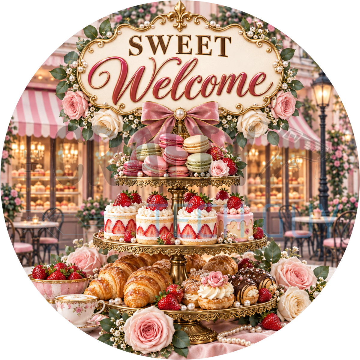 Round welcome wreath sign reading Sweet Welcome above a gold tiered stand of macarons, strawberry cakes and croissants at a pink bakery cafe