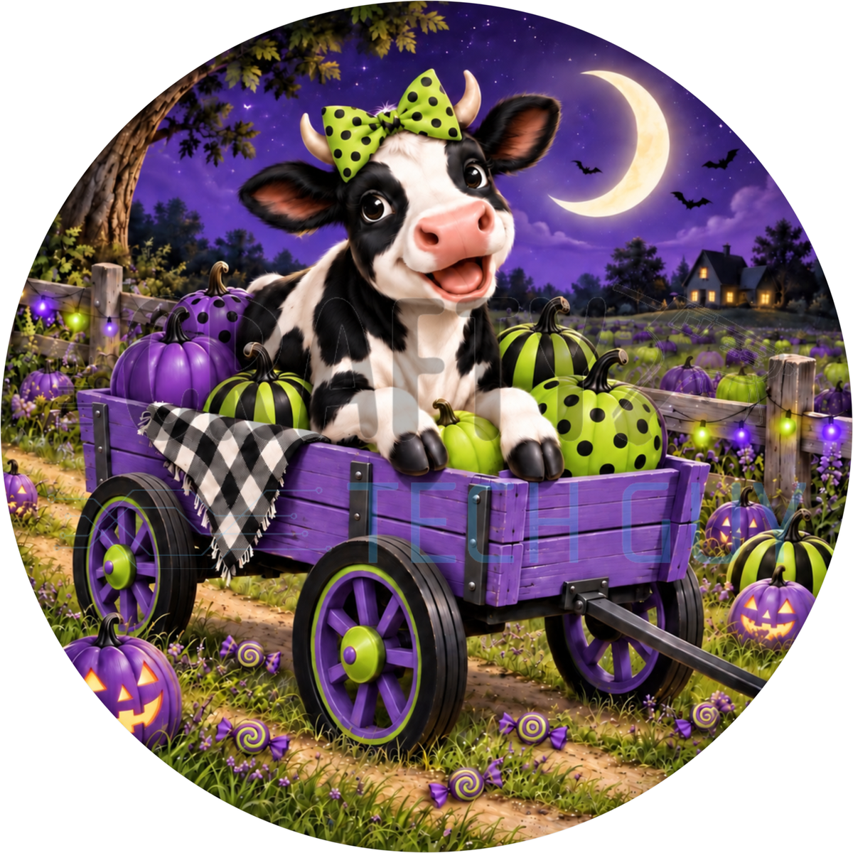 Round Halloween wreath sign of a smiling cow with a lime polka dot bow riding in a purple wagon of pumpkins under a crescent moon