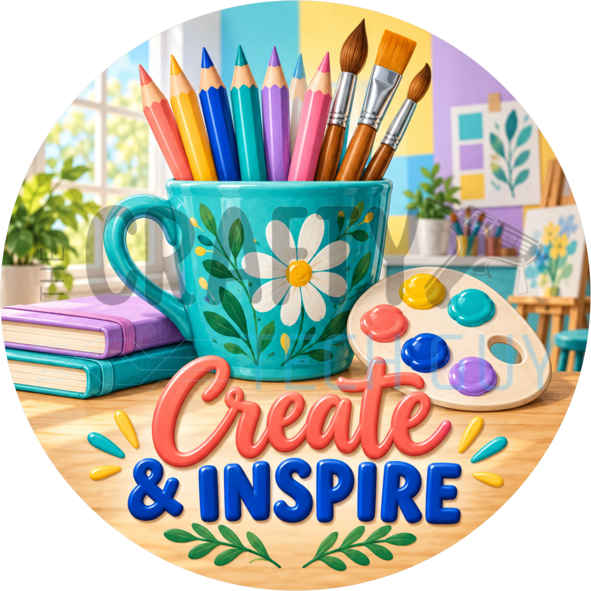 Round art teacher wreath sign reading Create and Inspire below a turquoise mug of colored pencils and paint brushes with a paint palette