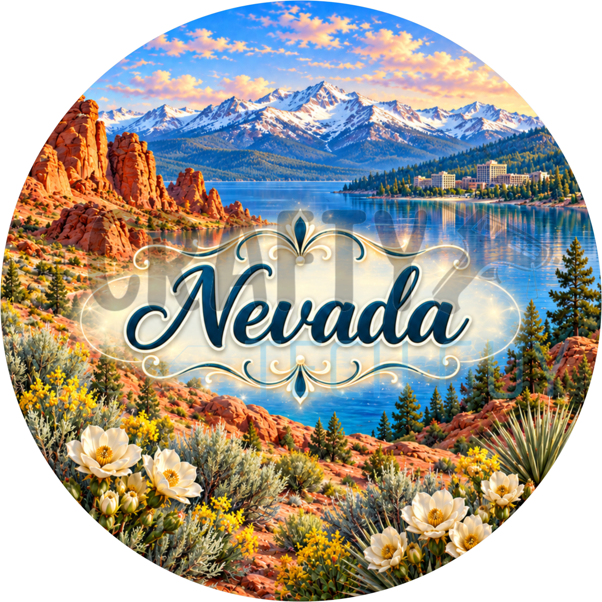 Round Nevada state wreath sign with the state name in script over red rock formations and a blue mountain lake with desert flowers