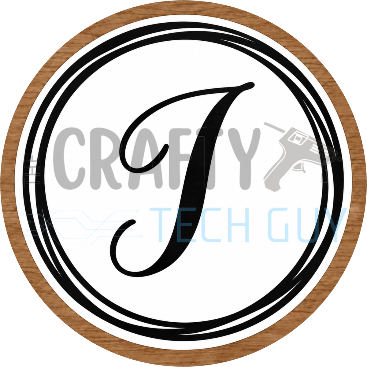 Round monogram wreath sign with a black script calligraphy letter I on white, circled by black swirl lines and a wood grain border