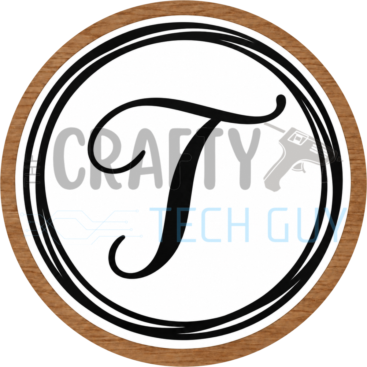 Round monogram wreath sign with a black script calligraphy letter T on white, circled by black swirl lines and a wood grain border