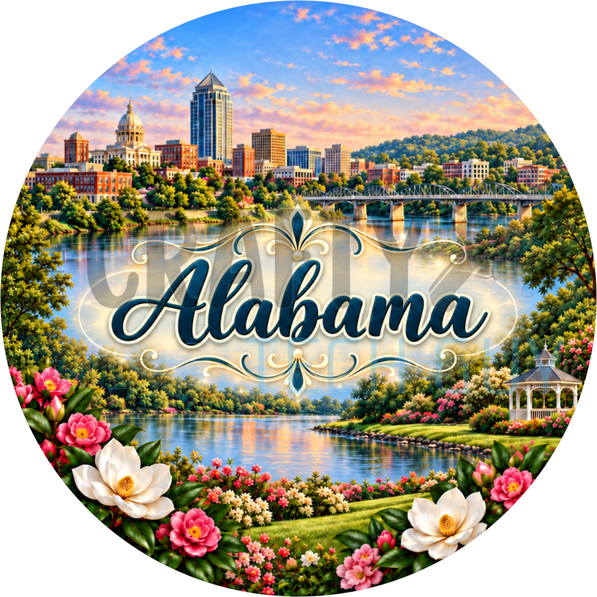Round Alabama state wreath sign with the state name in script over a river and city skyline framed by magnolias and pink camellias