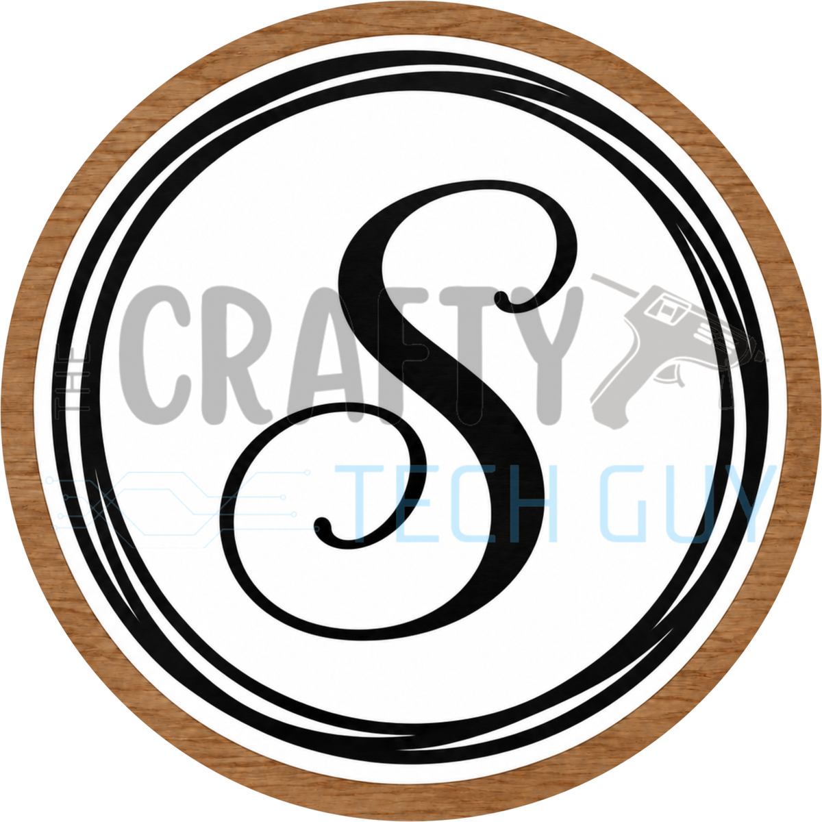 Round monogram wreath sign with a black script calligraphy letter S on white, circled by black swirl lines and a wood grain border