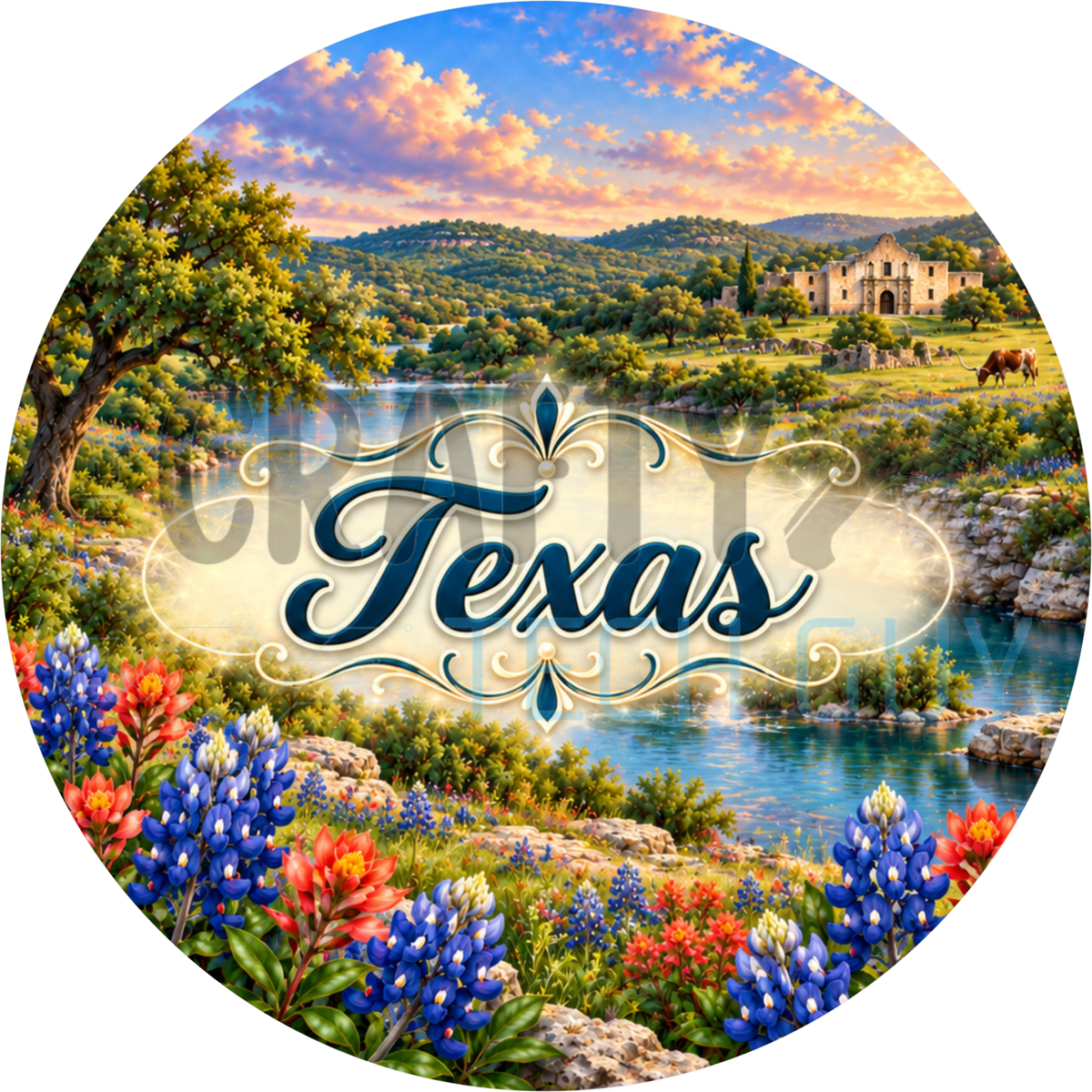 Round Texas state wreath sign with navy script lettering over the Alamo, Hill Country, a river, bluebonnets and Indian paintbrush
