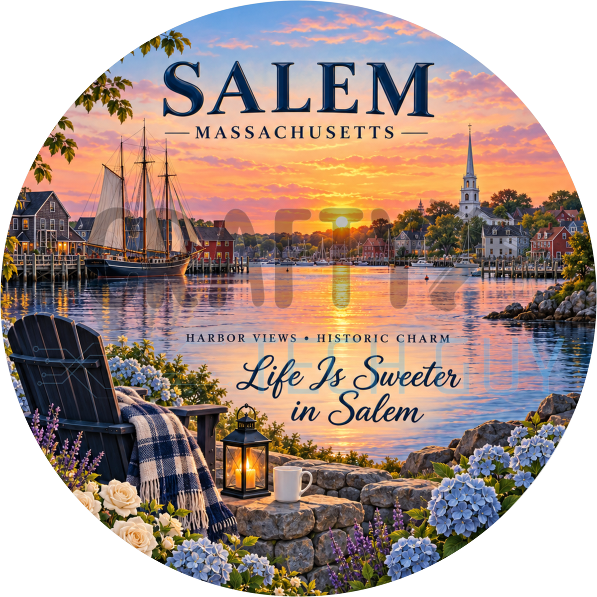 Round Salem Massachusetts wreath sign with a tall ship in the harbor at sunset and a navy Adirondack chair reading Life Is Sweeter in Salem