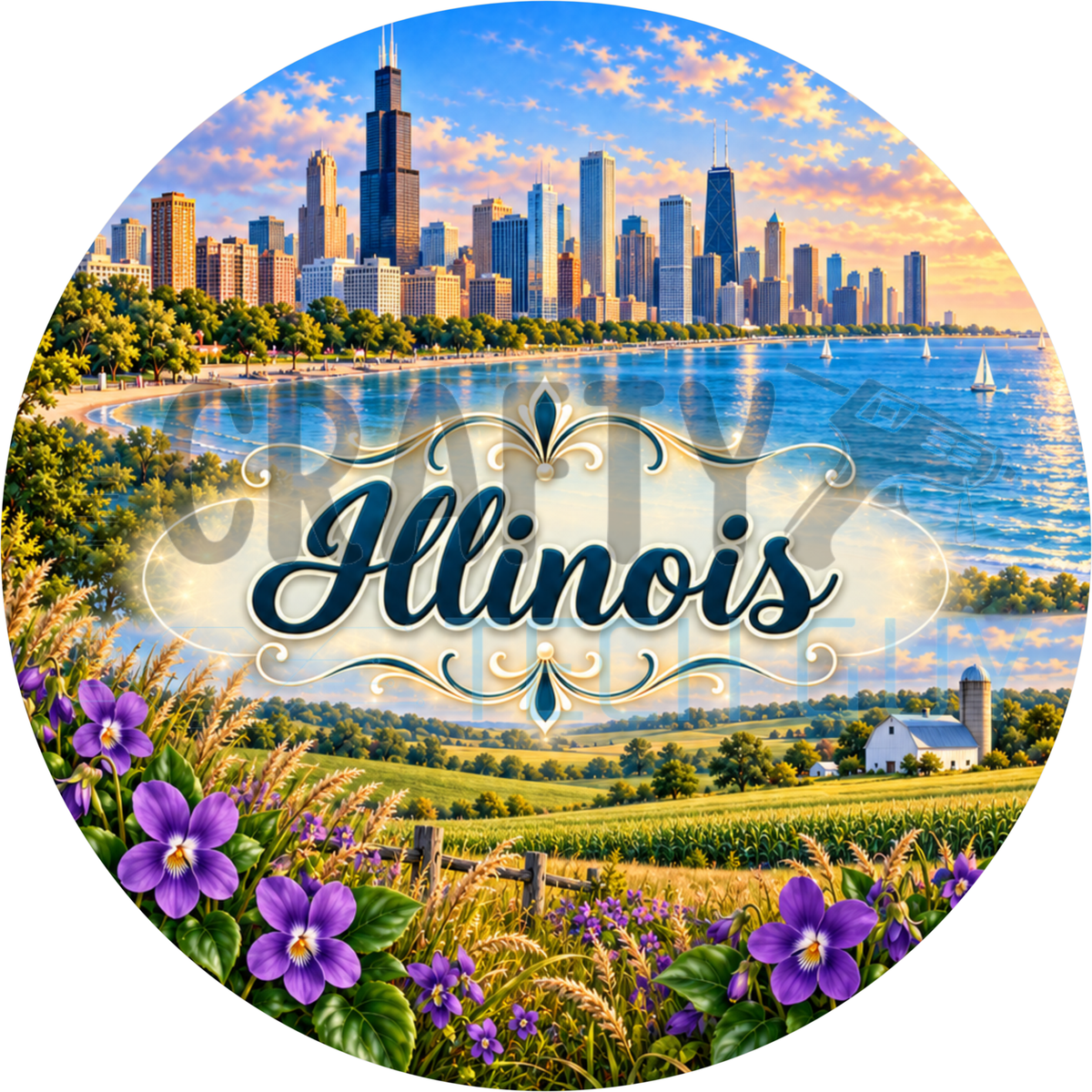 Round Illinois state wreath sign with the state name in script over the Chicago skyline and Lake Michigan with farm fields and purple violets