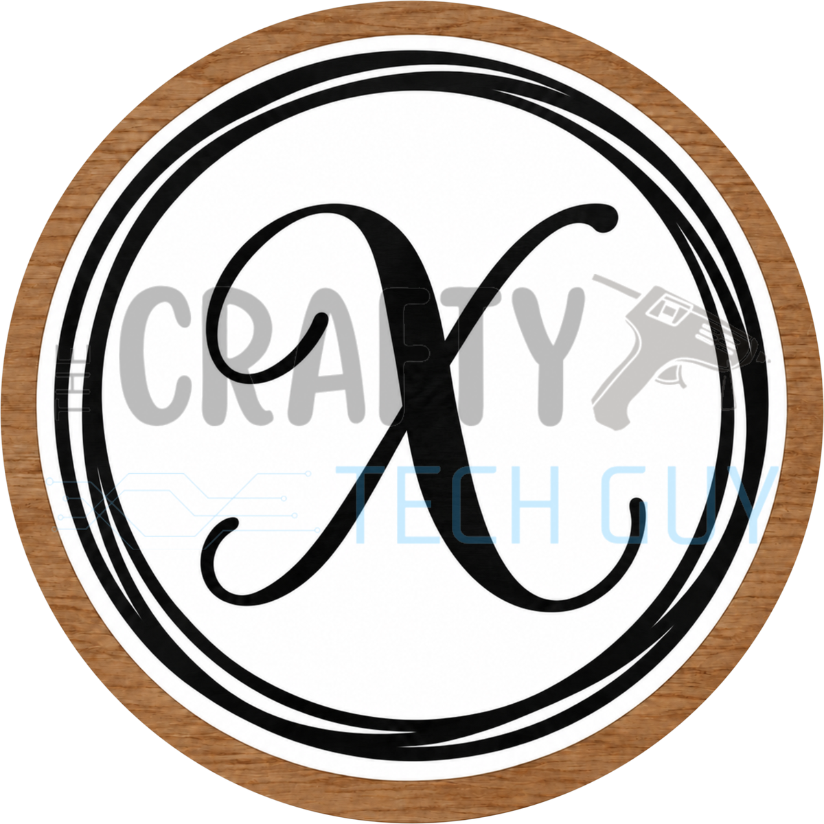 Round monogram wreath sign with a black script calligraphy letter X on white, circled by black swirl lines and a wood grain border