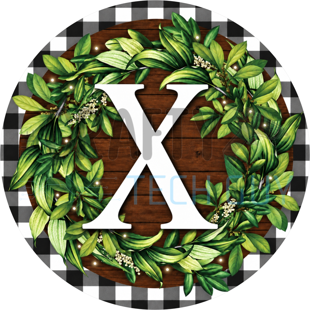 Round monogram wreath sign with a white letter X inside a green leaf wreath on dark wood planks with a black and white buffalo check border