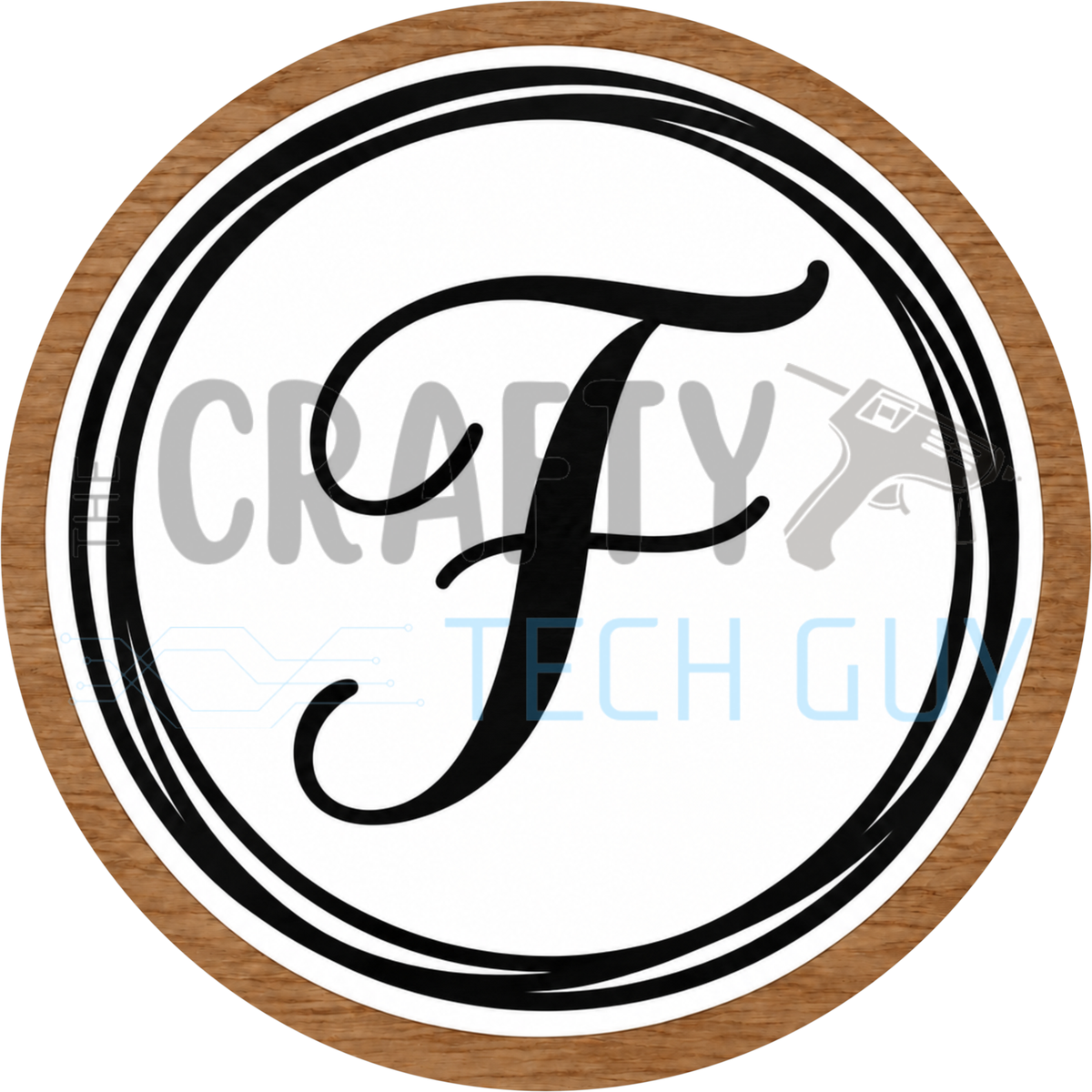 Round monogram wreath sign with a black script calligraphy letter F on white, circled by black swirl lines and a wood grain border