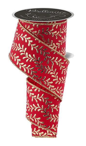 2.5 Inch 10 Yard Gold Foil Leaf Garland Print Wired Christmas Ribbon on Red Twill with Metallic Gold Wired Edge