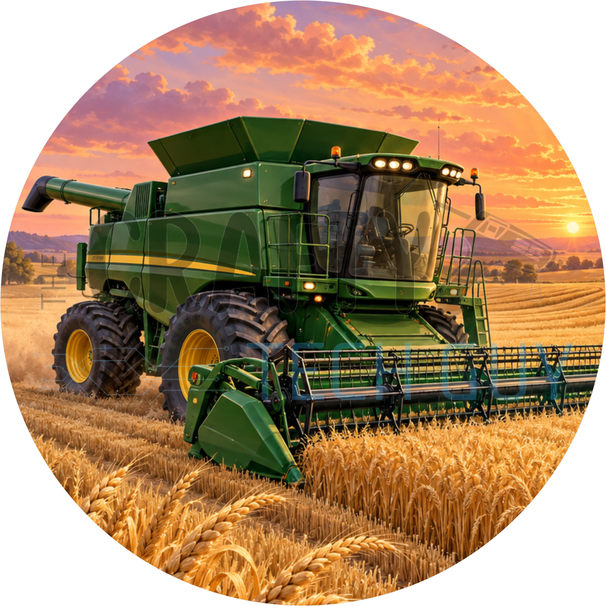 Round farm wreath sign with a green combine harvester cutting a golden wheat field under an orange sunset sky