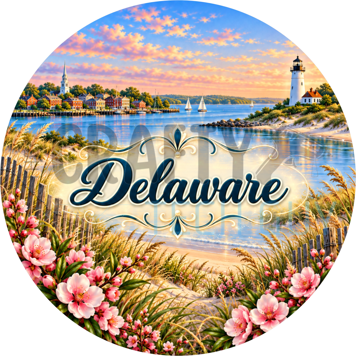 Round Delaware state wreath sign with the state name in script over sandy dunes and a bay with a lighthouse framed by pink peach blossoms