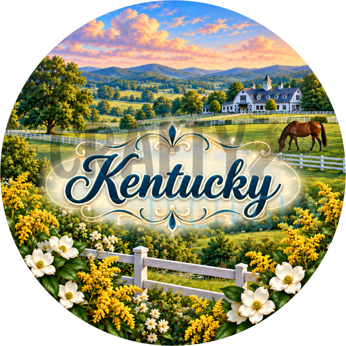 Round Kentucky state wreath sign with the state name in script over a horse farm with a grazing horse, white fences and goldenrod