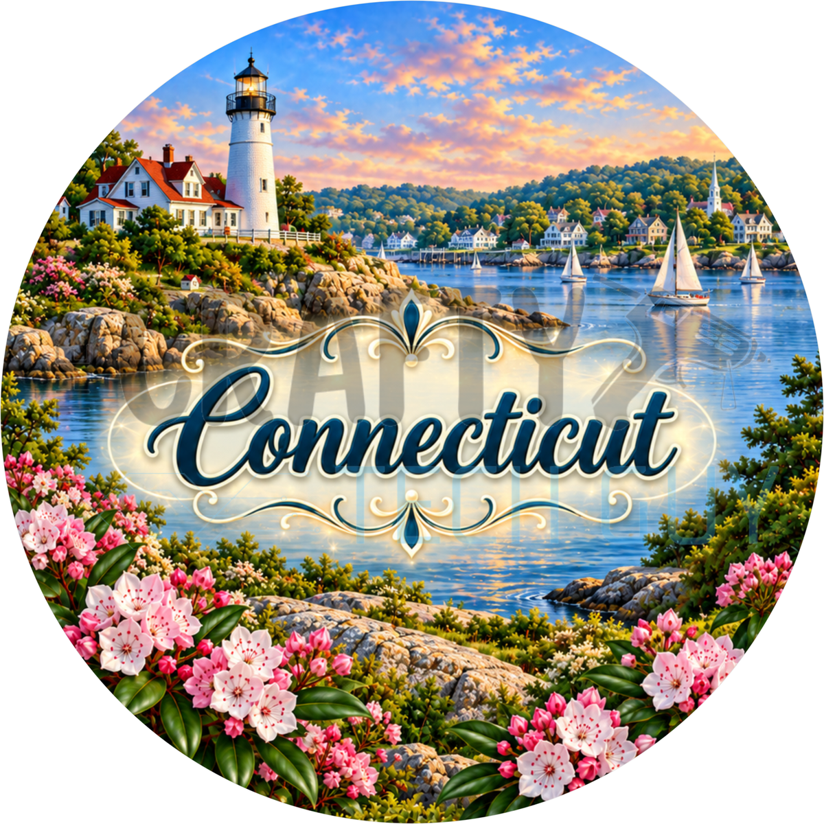 Round Connecticut state wreath sign with the state name in script over a lighthouse and sailboat harbor framed by pink mountain laurel