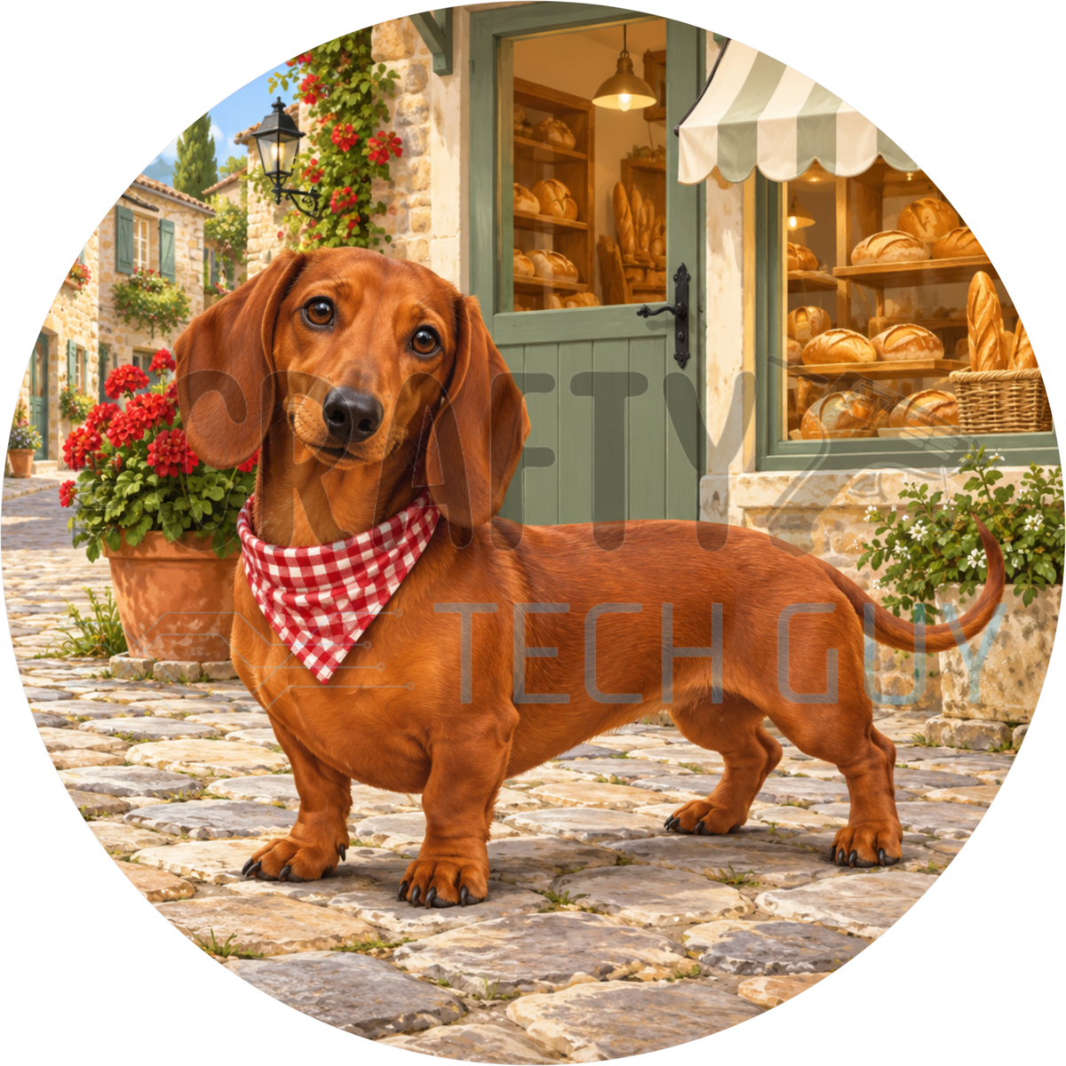 Round dog wreath sign of a red dachshund wearing a red gingham bandana on a cobblestone street outside a bakery