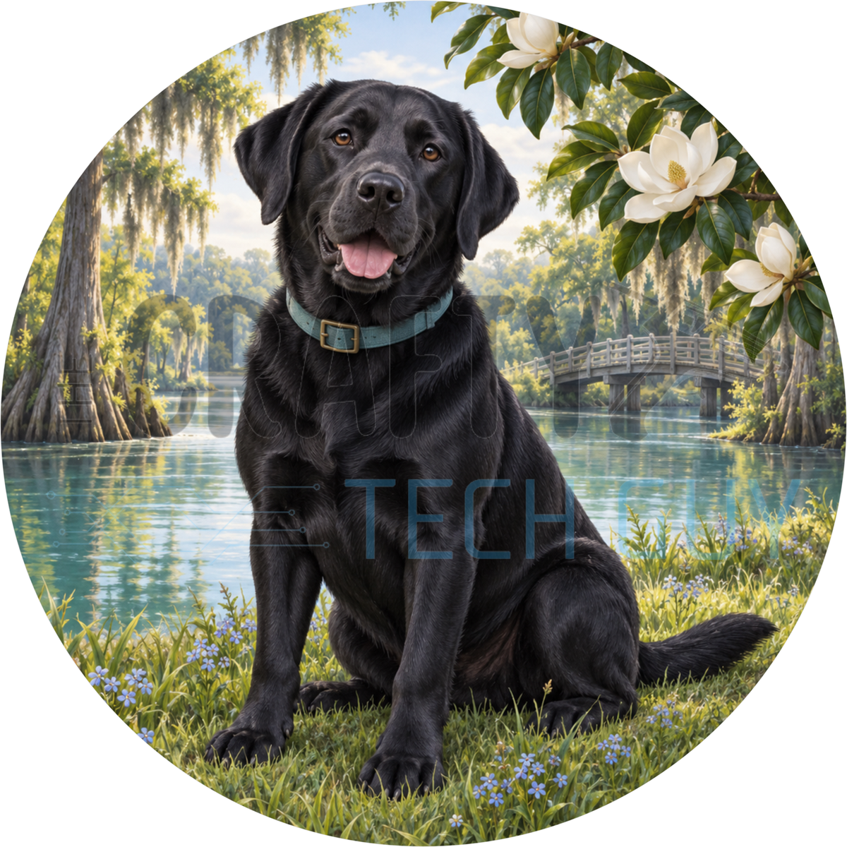 Round dog wreath sign of a black Labrador Retriever sitting by a lake with magnolias, cypress trees, Spanish moss and a white bridge