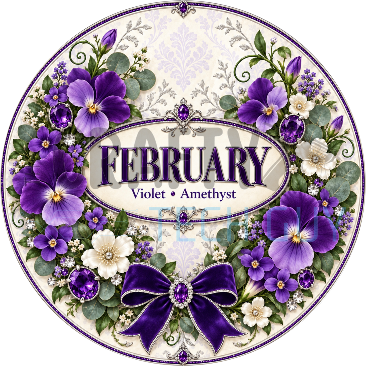 Round February birthstone wreath sign with purple violets and cream flowers, amethyst purple jewels and a purple bow around the words February Violet Amethyst