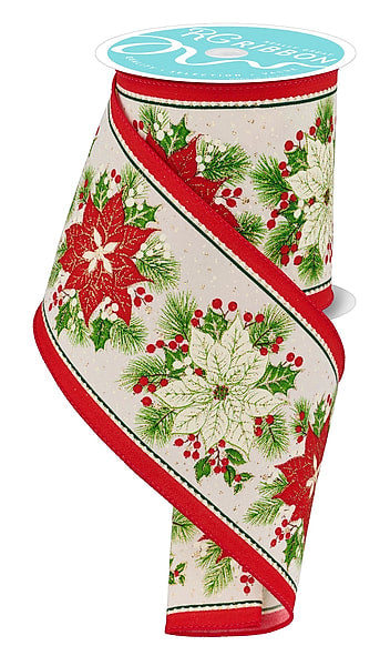 4 Inch 10 Yard Ivory and Red Poinsettia Holly and Berry Print Wired Christmas Ribbon with Gold Glitter and Red Border