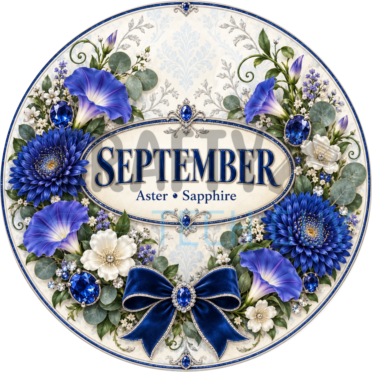 Round September birthstone wreath sign with deep blue blooms and violet-blue trumpet flowers, sapphire blue jewels and a blue bow around the words September Aster Sapphire