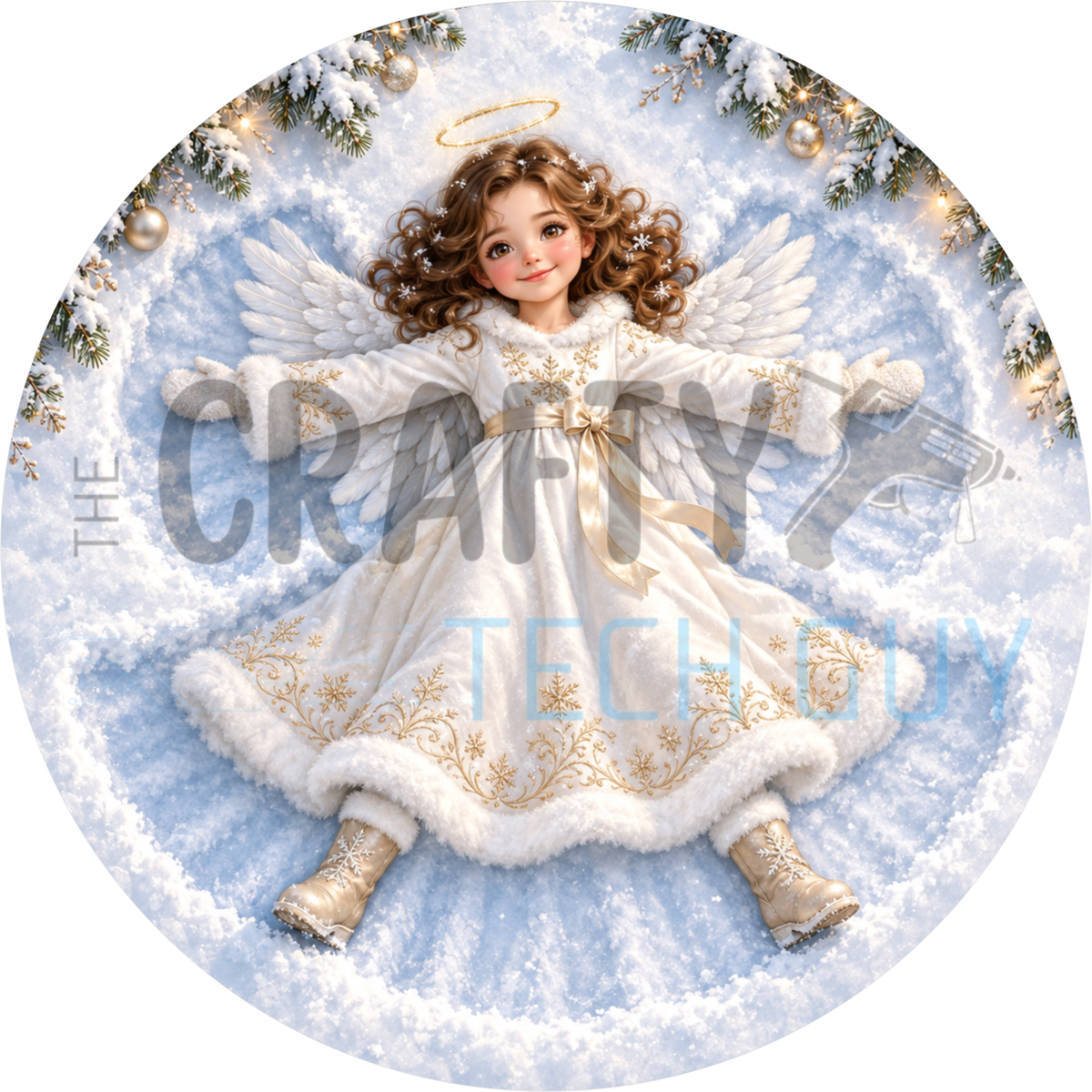 Round Christmas wreath sign of a curly-haired girl angel with a gold halo and white wings making a snow angel in fresh snow