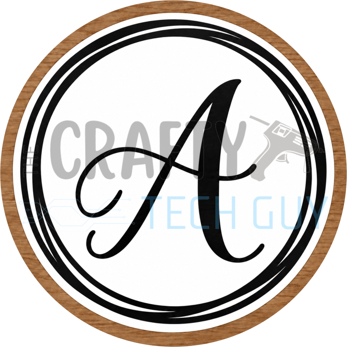 Round monogram wreath sign with a black script calligraphy letter A on white, circled by black swirl lines and a wood grain border