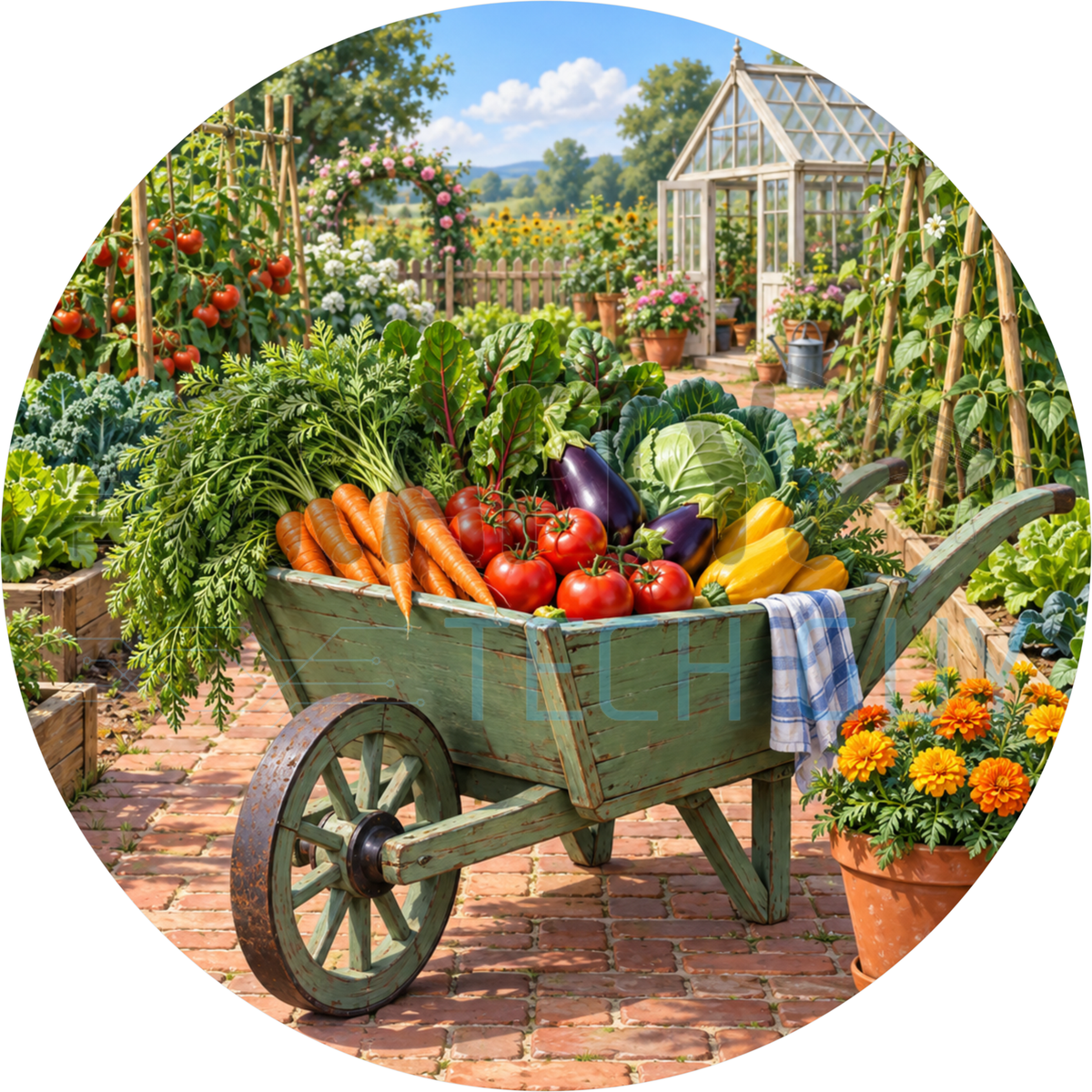Round garden wreath sign of a green wooden wheelbarrow full of carrots, tomatoes, cabbage and peppers in a vegetable garden with a greenhouse and marigolds