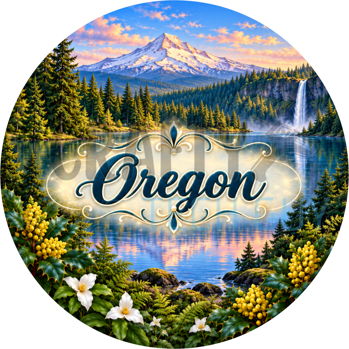 Round Oregon state wreath sign with navy script lettering over Mount Hood, a waterfall, a forest lake and yellow Oregon grape blooms