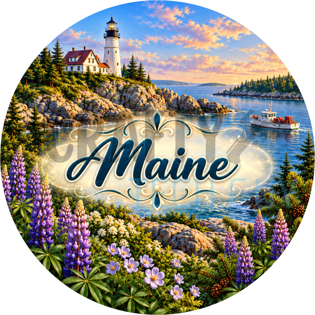 Round Maine state wreath sign with the state name in script over a rocky coast lighthouse and lobster boat with purple lupines