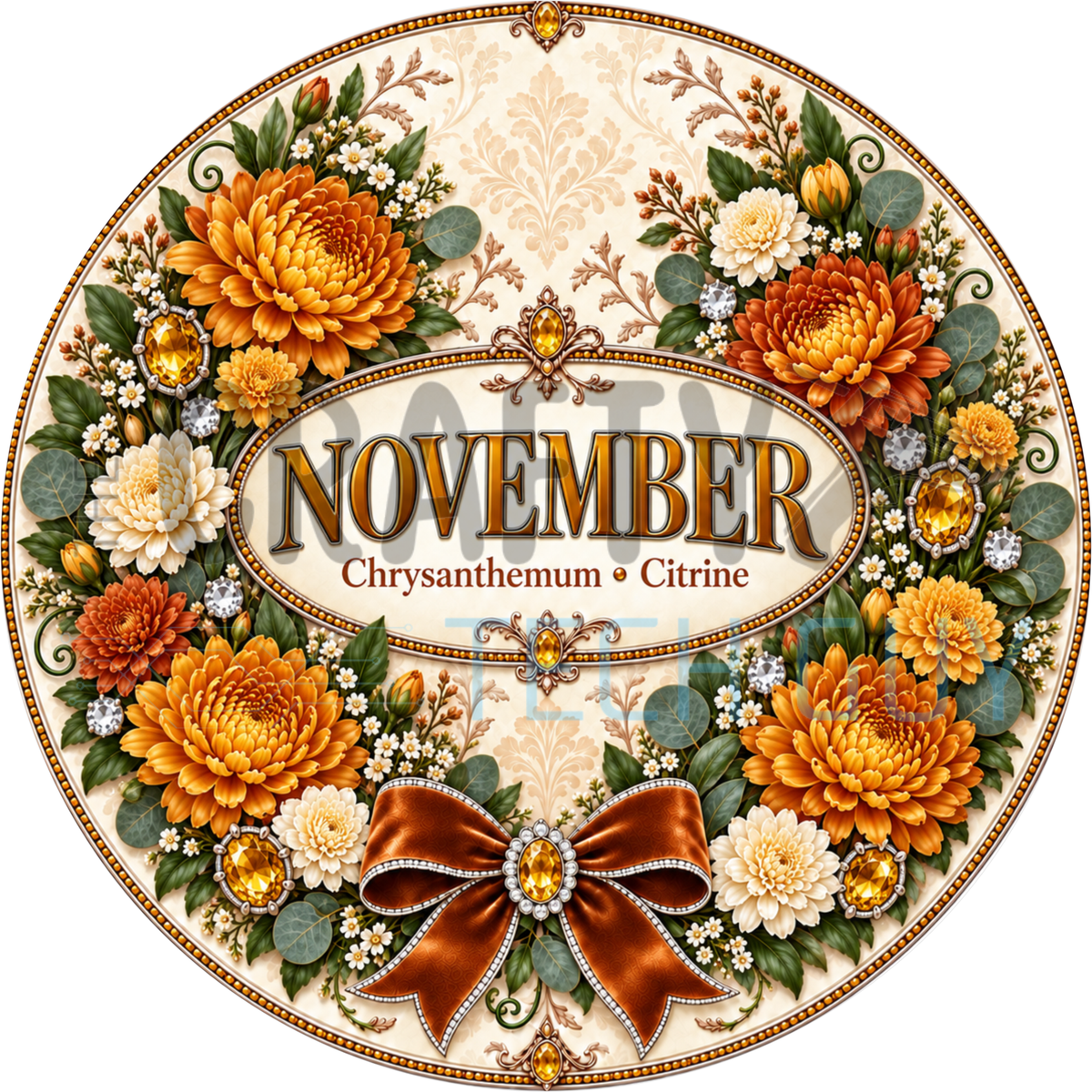 Round November birthstone wreath sign with golden orange and cream chrysanthemums, golden citrine jewels and a bronze bow around the words November Chrysanthemum Citrine