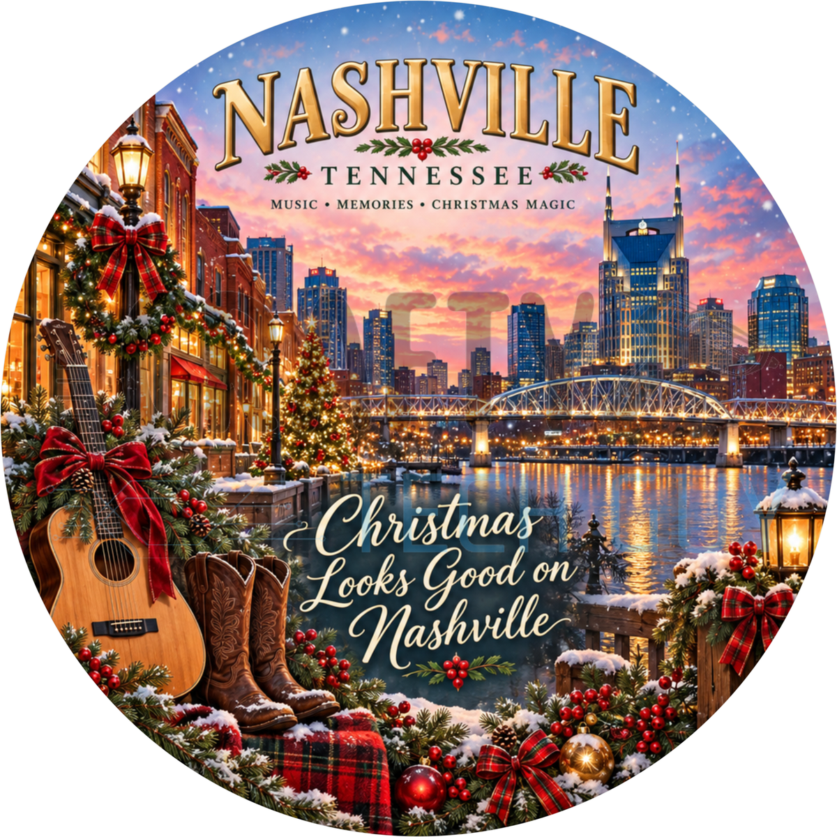 Round Christmas Nashville Tennessee wreath sign with a snowy decorated street, skyline, guitar with a red bow and cowboy boots
