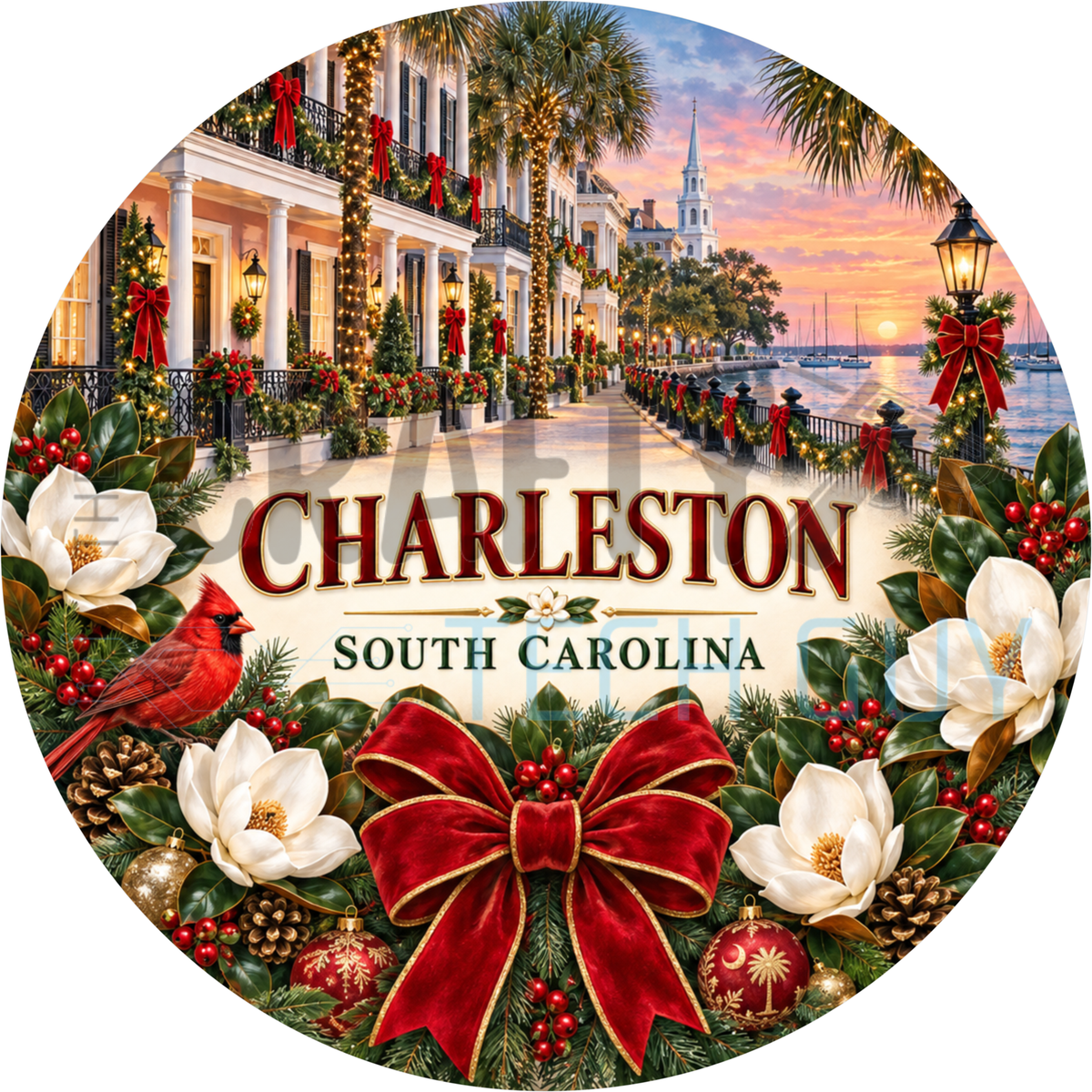 Round Christmas Charleston South Carolina name wreath sign with a red velvet bow, red cardinal, magnolias and garland