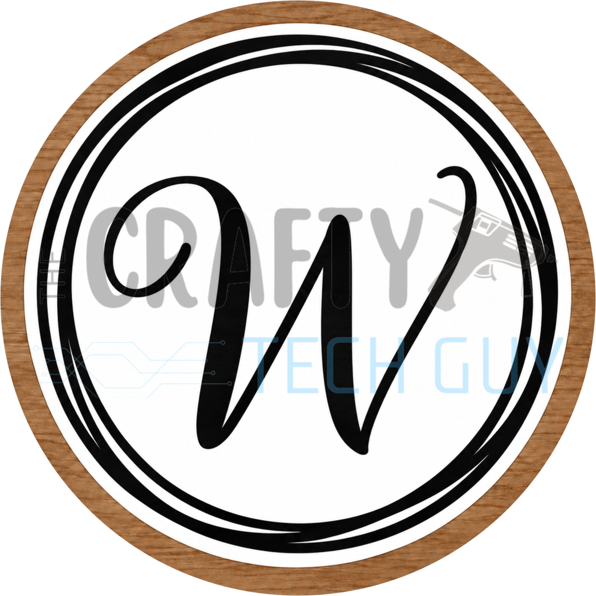 Round monogram wreath sign with a black script calligraphy letter W on white, circled by black swirl lines and a wood grain border