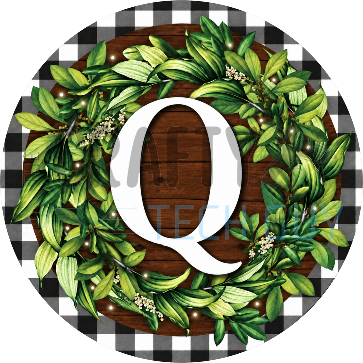 Round monogram wreath sign with a white letter Q inside a green leaf wreath on dark wood planks with a black and white buffalo check border