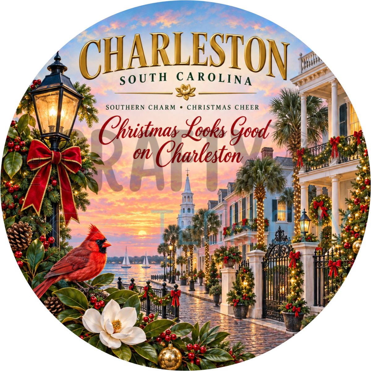 Round Christmas Charleston South Carolina wreath sign with a garland-lined historic street, a red cardinal and white magnolias