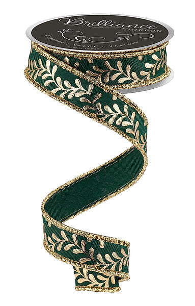 7/8 Inch 10 Yard Gold Foil Leaf Garland Vine Print Wired Christmas Ribbon on Hunter Green Twill with Metallic Gold Wired Edge