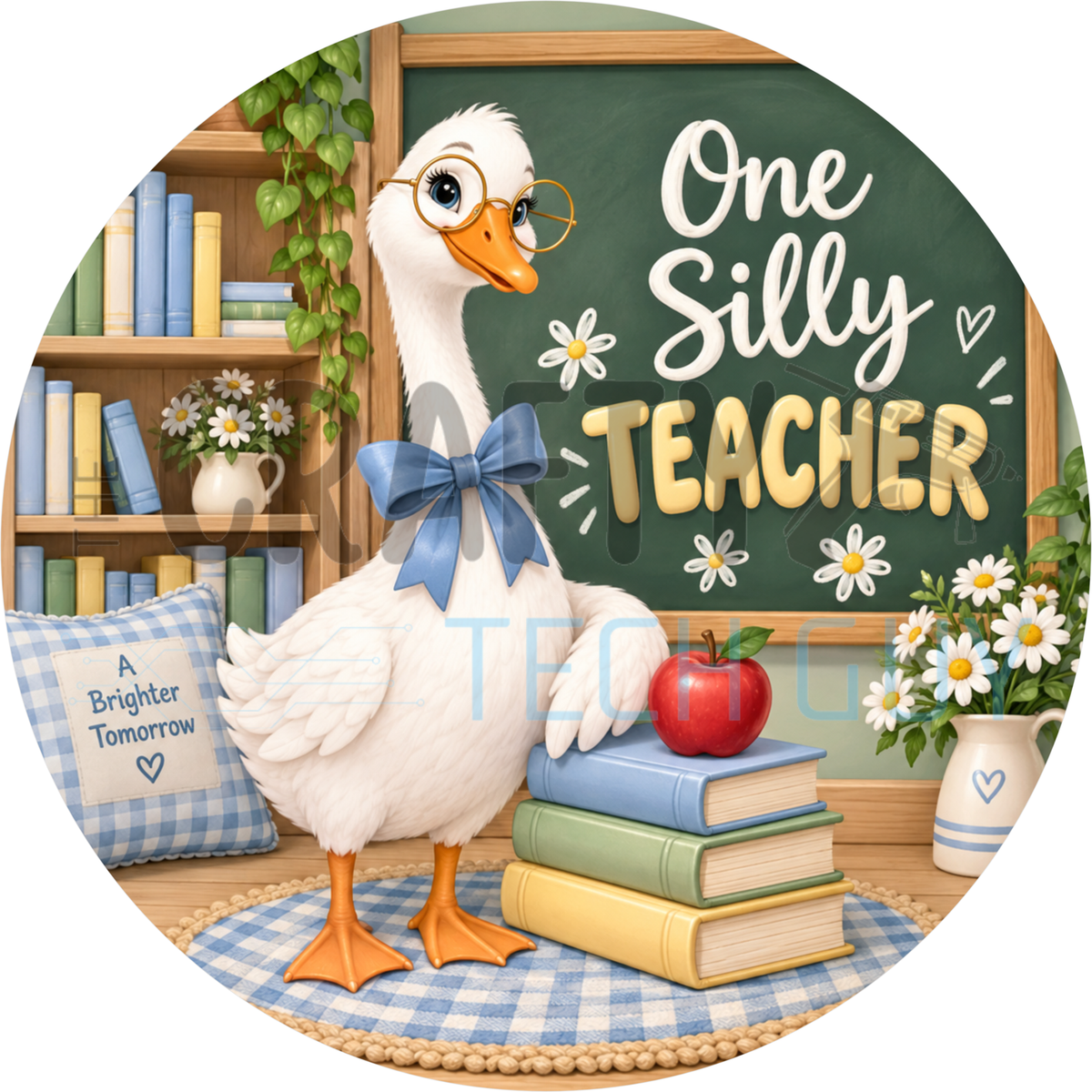 Round teacher wreath sign of a goose in glasses beside a green chalkboard reading One Silly Teacher with books and an apple