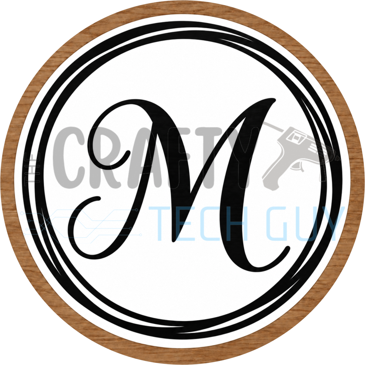 Round monogram wreath sign with a black script calligraphy letter M on white, circled by black swirl lines and a wood grain border
